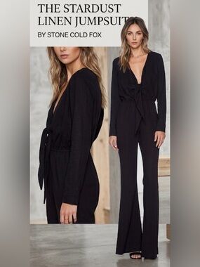 Stone Cold Fox Stardust Black Linen Tie-Front Vented Jumpsuit - Size 1 (XS/S)
